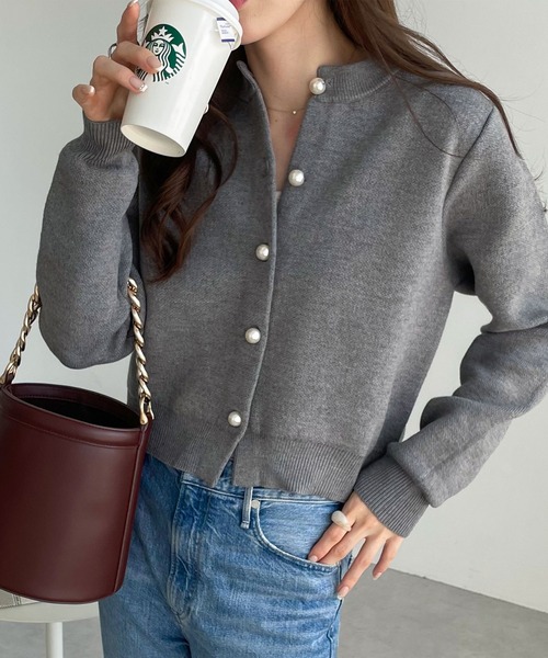 【新色追加】パールボタン無地ボーダー長袖ニットカーディガン(カーディガン/ボレロ)|andme(アンドミー)