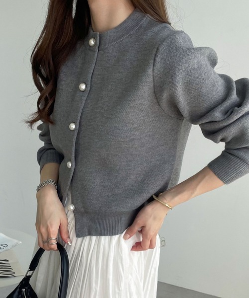 【新色追加】パールボタン無地ボーダー長袖ニットカーディガン(カーディガン/ボレロ)|andme(アンドミー)