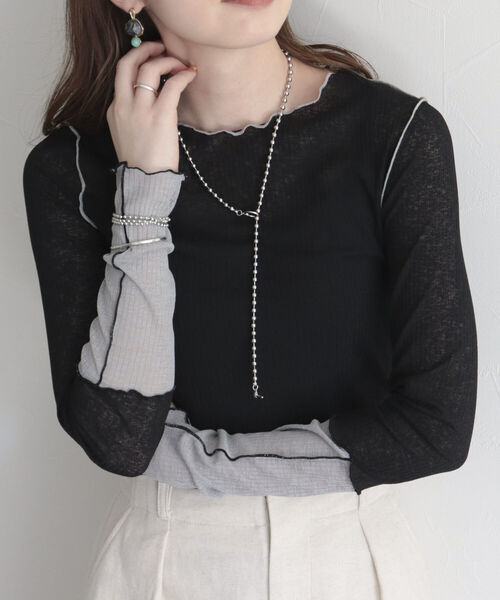 fredy emue（フレディエミュ）の「シアーテレコメロー配色プルオーバー（Tシャツ/カットソー・レディース・オフホワイト/サックスブルー/ブラック・38）」の6枚目の写真