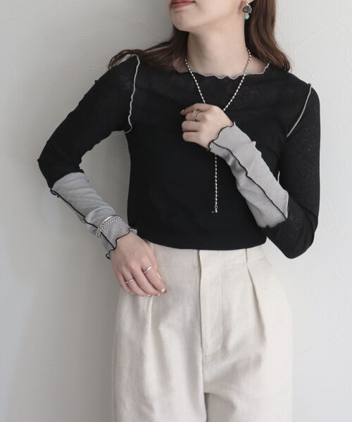 fredy emue（フレディエミュ）の「シアーテレコメロー配色プルオーバー（Tシャツ/カットソー・レディース・オフホワイト/サックスブルー/ブラック・38）」の9枚目の写真