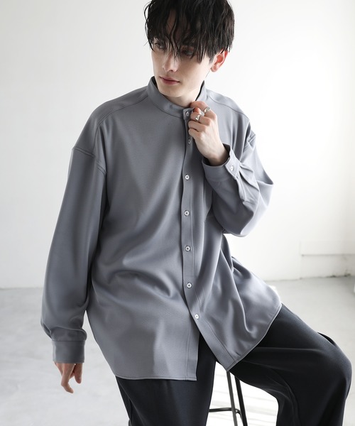 エムエイチエル メンズ 長袖 バンドカラーシャツ ライトグレー コットン S