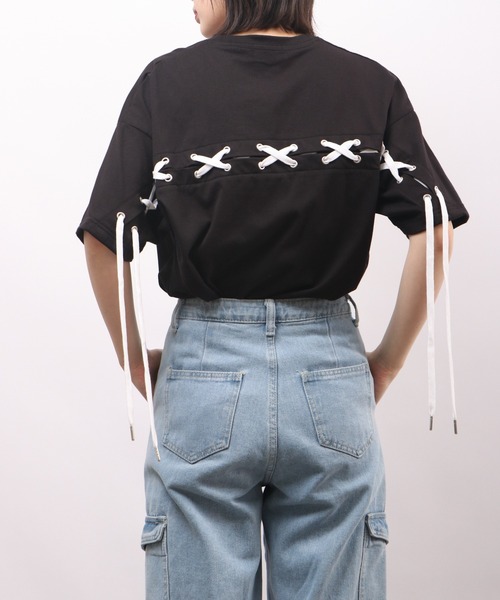 REGIEVO(レジエボ)の「REGIEVO バックレースアップ半袖Tシャツ(Tシャツ/カットソー・メンズ・ブラック/オフホワイト・L/M)」の14枚目の写真