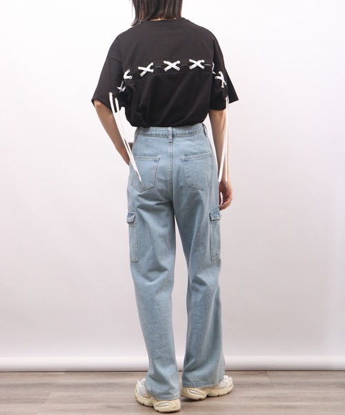 REGIEVO(レジエボ)の「REGIEVO バックレースアップ半袖Tシャツ(Tシャツ/カットソー・メンズ・ブラック/オフホワイト・L/M)」の11枚目の写真