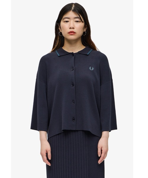 美品♡現行♡フレッドペリー ニット切り替え シャツ ネイビー UK10 Ｍ 美品♡現行♡フレッドペリー ニット切り替え シャツ ネイビー UK10 M