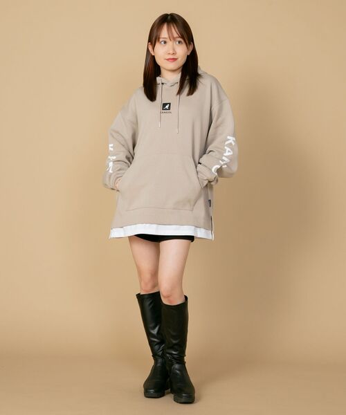 【KANGOL/カンゴール】フェイクレイヤード 袖プリント フードエンボスロゴ ビッグシルエット 裏起毛 フーディー プルオーバーパーカー（パーカー）｜KANGOL（カンゴール）