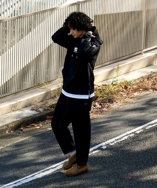 【KANGOL/カンゴール】フェイクレイヤード 袖プリント フードエンボスロゴ ビッグシルエット 裏起毛 フーディー プルオーバーパーカー（パーカー）｜KANGOL（カンゴール）