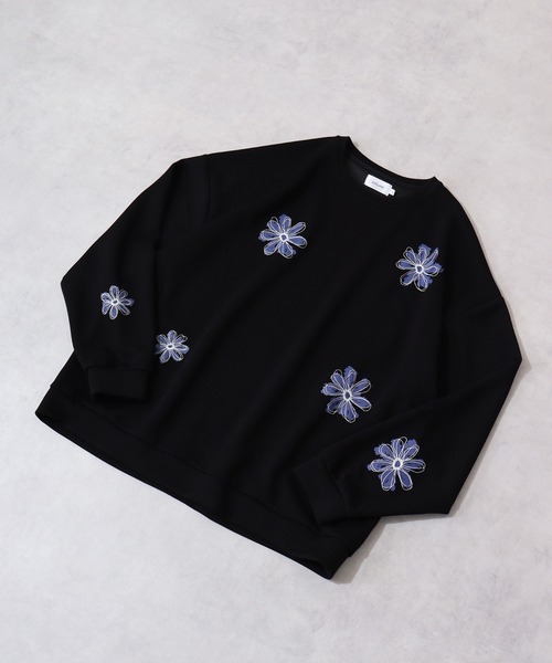 セール】ルーズシルエットフラワー刺繍スウェット（スウェット