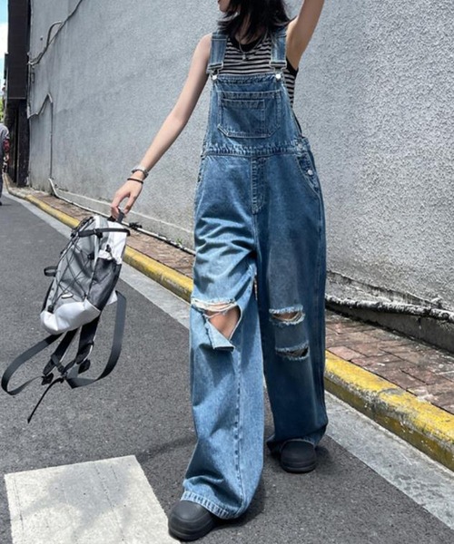 meJane（ミージェーン）の「ダメージクラッシュデニムオーバーオール