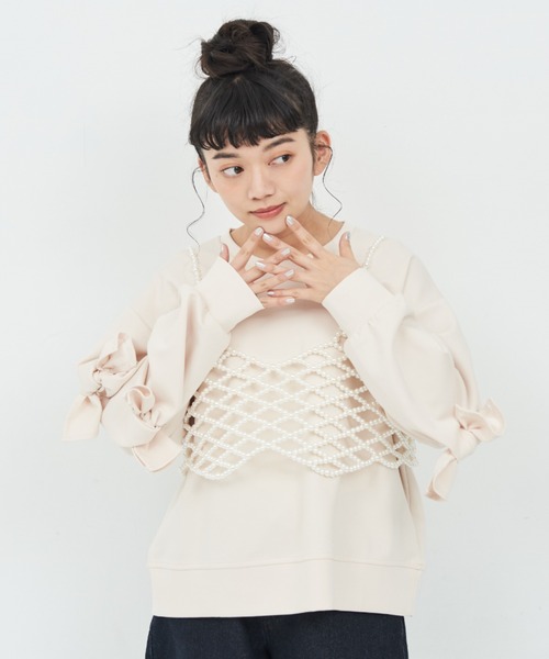 MERLOT（メルロー）の「袖リボンスウェット（スウェット・レディース・ホワイト/ブラック・FREE）」の6枚目の写真