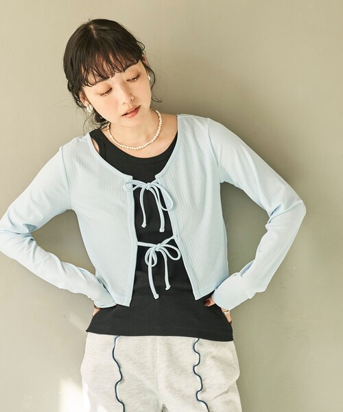 セール】シアー リブショート リボン カーディガン