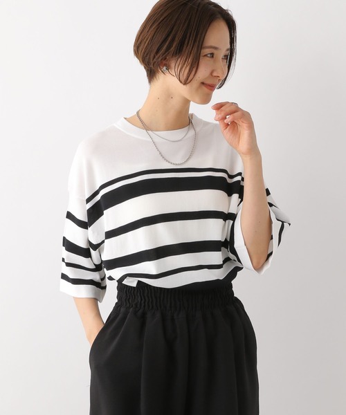 LEPSIM(レプシィム)の「14ゲージ5分袖クルーネック 987572(ニット/セーター・レディース・ブラック/ホワイト×ブラック/ライトグリーン/オレンジ/ブルー/オフホワイト・FREE)」の3枚目の写真