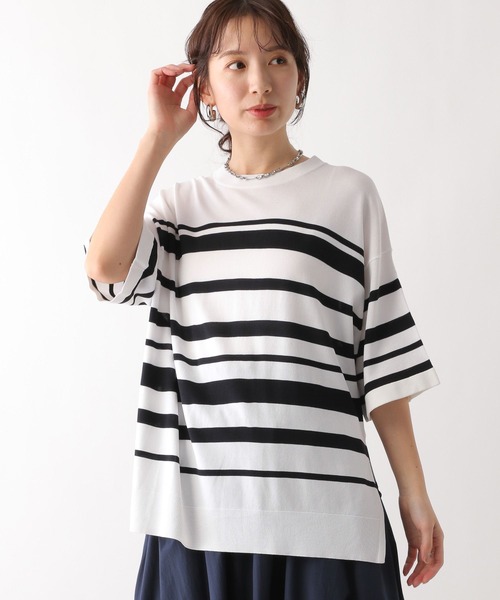 LEPSIM(レプシィム)の「14ゲージ5分袖クルーネック 987572(ニット/セーター・レディース・ブラック/ホワイト×ブラック/ライトグリーン/オレンジ/ブルー/オフホワイト・FREE)」の12枚目の写真