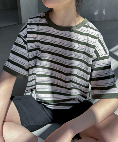 feepur（フェピュール）の「ランダムボーダールーズリンガーTee（Tシャツ/カットソー・レディース・カーキ/ブラック/エンジ・MEDIUM）」の14枚目の写真