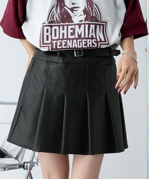 ベルト付きワイドプリーツハイウエストミニスカート