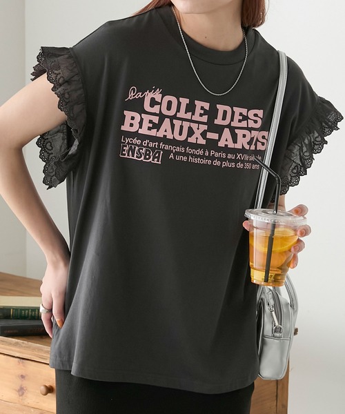 BONLECILL(ボンルシール)の「ハートレースフレンチスリーブロゴTEE(Tシャツ/カットソー・レディース・ブラック/チャコールグレー/オフホワイト/グレー・FREE)」の1枚目の写真