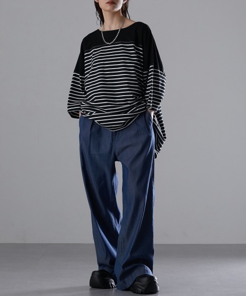 Soiunique（スワユニーク）の「【接触冷感・吸水速乾】ゆったりデニムワイドパンツ ［Soiunique］（デニムパンツ・レディース・ネイビー系/インディゴブルー・LL/M/L）」の3枚目の写真