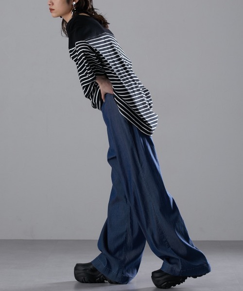 Soiunique（スワユニーク）の「【接触冷感・吸水速乾】ゆったりデニムワイドパンツ ［Soiunique］（デニムパンツ・レディース・ネイビー系/インディゴブルー・LL/M/L）」の4枚目の写真