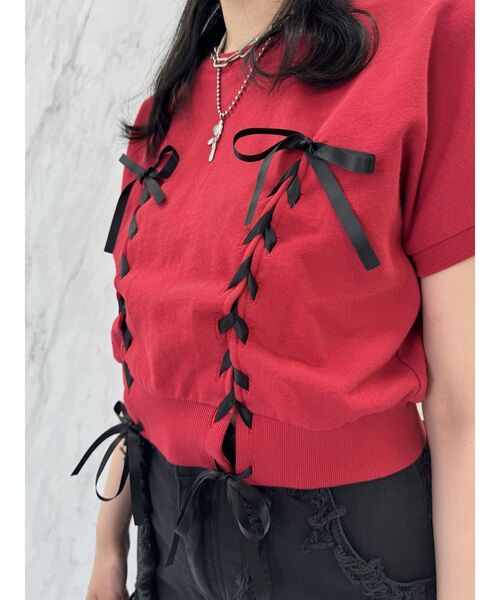 jouetie(ジュエティ)の「レースアップリボントップス(Tシャツ/カットソー・レディース・ブラック/オフホワイト/レッド・MEDIUM)」の7枚目の写真