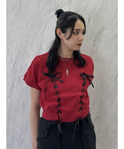 jouetie(ジュエティ)の「レースアップリボントップス(Tシャツ/カットソー・レディース・ブラック/オフホワイト/レッド・MEDIUM)」の10枚目の写真