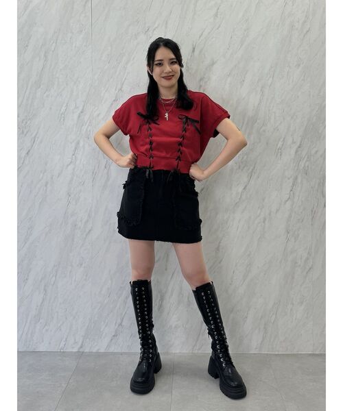 jouetie(ジュエティ)の「レースアップリボントップス(Tシャツ/カットソー・レディース・ブラック/オフホワイト/レッド・MEDIUM)」の12枚目の写真