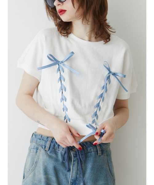 tシャツ レースアップバレエコアリボントップス レディース セール】レースアップバレエコアリボントップス（Tシャツ