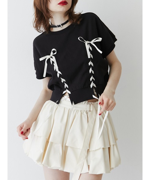 jouetie(ジュエティ)の「レースアップリボントップス(Tシャツ/カットソー・レディース・ブラック/オフホワイト/レッド・MEDIUM)」の3枚目の写真