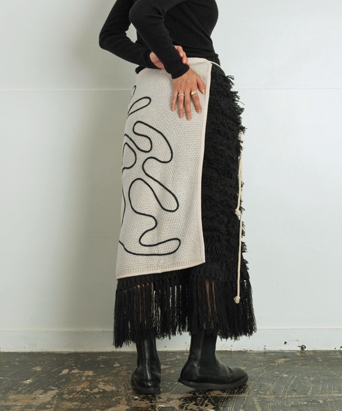 【セール】ライン刺繍 透かし編みニット レイヤード ラップスカート（スカート）｜Aphlotus（アプロタス）