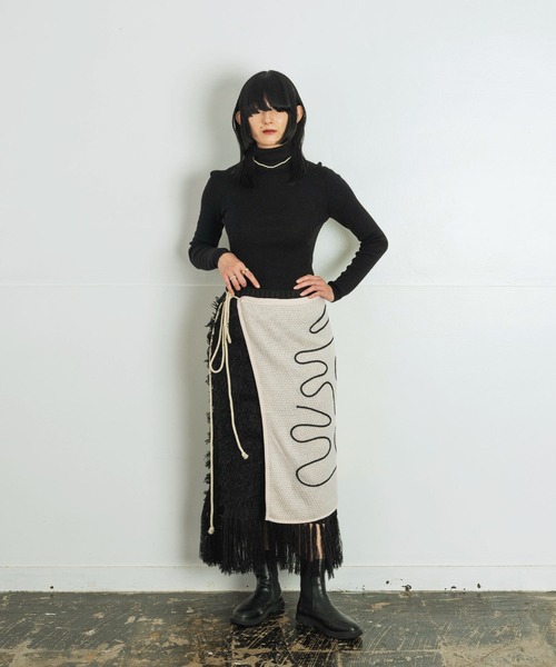 【セール】ライン刺繍 透かし編みニット レイヤード ラップスカート（スカート）｜Aphlotus（アプロタス）