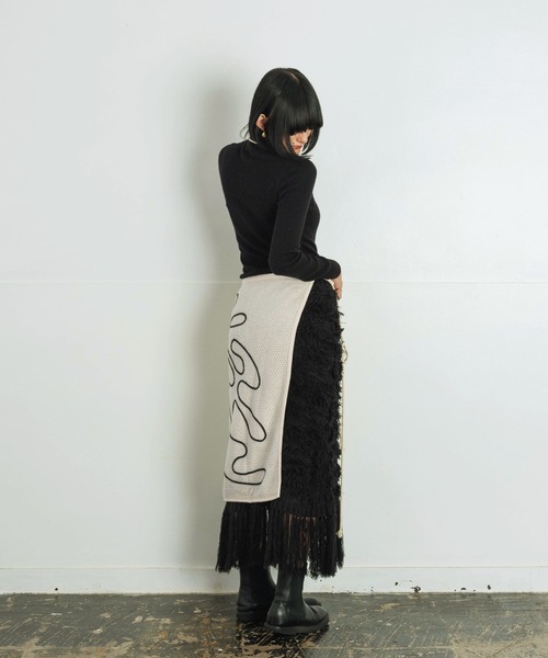 【セール】ライン刺繍 透かし編みニット レイヤード ラップスカート（スカート）｜Aphlotus（アプロタス）