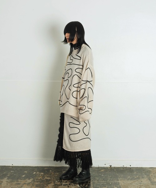 【セール】ライン刺繍 透かし編みニット レイヤード ラップスカート（スカート）｜Aphlotus（アプロタス）