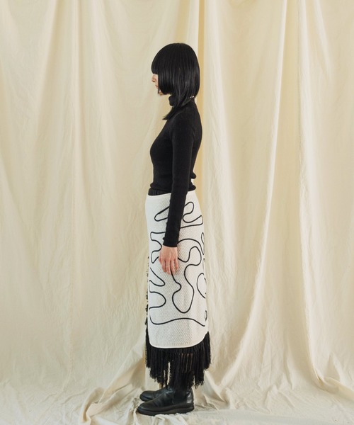 【セール】ライン刺繍 透かし編みニット レイヤード ラップスカート（スカート）｜Aphlotus（アプロタス）