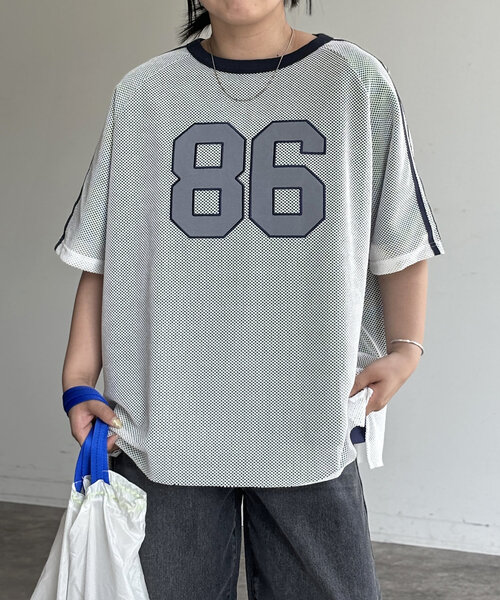 CPCM（シーピーシーエム）の「メッシュレイヤーナンバリングT（Tシャツ/カットソー・レディース・ネイビー/オフホワイト/ブラック・FREE）」の4枚目の写真
