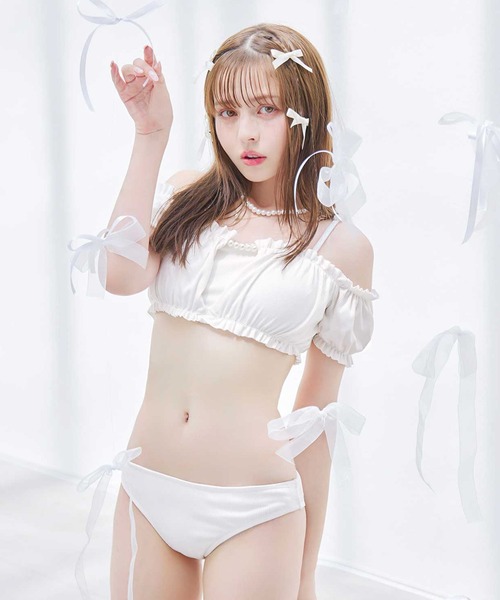 ビキニ 水着 袖付きシャーリングトップス 4点 ホワイト sugarnine M 袖付きシャーリングトップス 4点セット（水着）｜sugar nine（シュガー