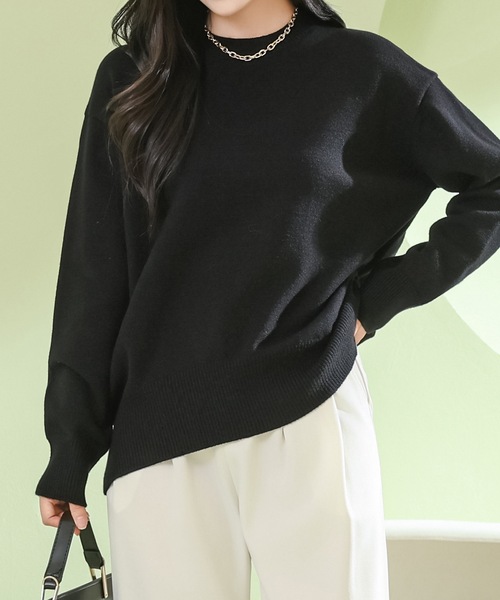 セール】ソリッドカラー ラウンドネック 長袖 ニット プルオーバー  