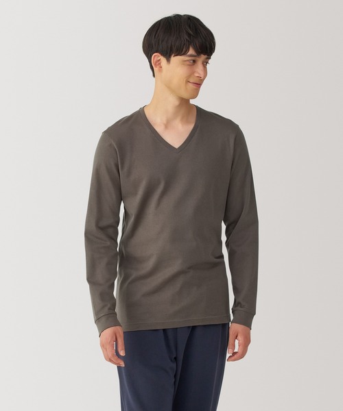 綿100％）紳士 あったか綿 厚手 Vネック長袖Tシャツ（インナー