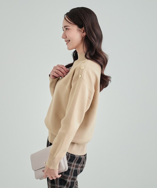 新品未使用MORABITO プレミア　ベージュ 五分袖 クロップドニット セール】【高レビュー/洗える/セットアップ可】 もちもちリブ切替 肩