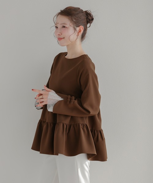 Fit more(フィットモア)の「袖リボンドットチュールティアードトップス(その他トップス・レディース・ネイビー/ブラック/ブルーグレー/ブラウン・FREE)」の7枚目の写真