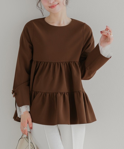 Fit more(フィットモア)の「袖リボンドットチュールティアードトップス(その他トップス・レディース・ネイビー/ブラック/ブルーグレー/ブラウン・FREE)」の6枚目の写真