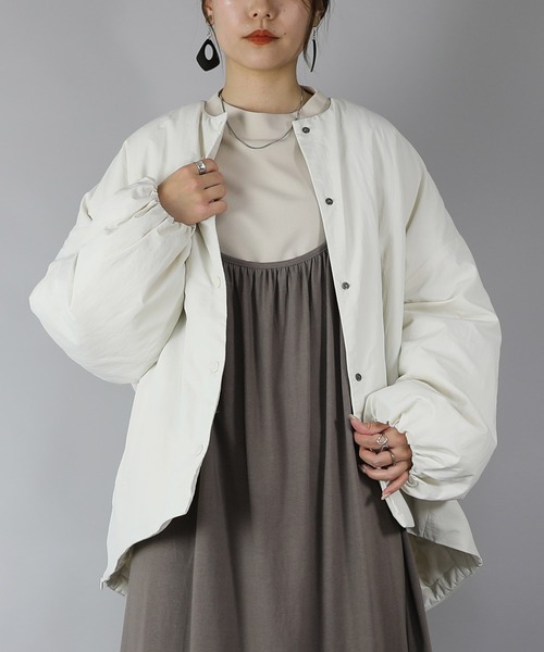 セール】オーバーサイズサイドジップノーカラー中綿ジャケット（ノー