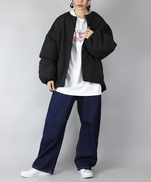 セール】オーバーサイズサイドジップノーカラー中綿ジャケット（ノー