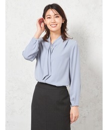 【ウォッシャブル】ブラウス 長袖 パール鼓釦ボウタイブラウス 透けにくい ストレッチ 無地 SOFFICE