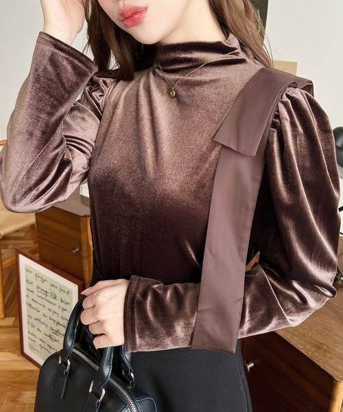 LOULOU select(ルルセレクト)の「ショルダーリボンハイネックパフスリーブベロアトップス(Tシャツ/カットソー・レディース・ブラウン/ブラック・M)」の5枚目の写真