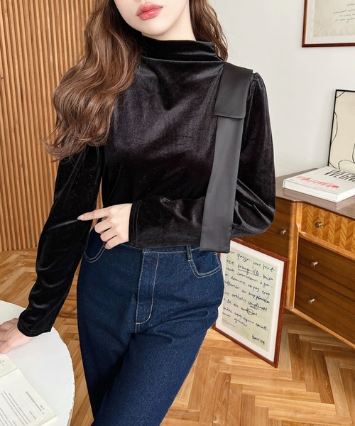 LOULOU select(ルルセレクト)の「ショルダーリボンハイネックパフスリーブベロアトップス(Tシャツ/カットソー・レディース・ブラウン/ブラック・M)」の7枚目の写真