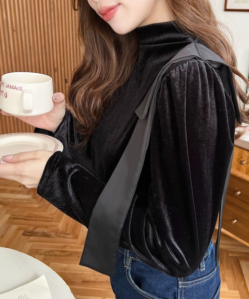 LOULOU select(ルルセレクト)の「ショルダーリボンハイネックパフスリーブベロアトップス(Tシャツ/カットソー・レディース・ブラウン/ブラック・M)」の8枚目の写真