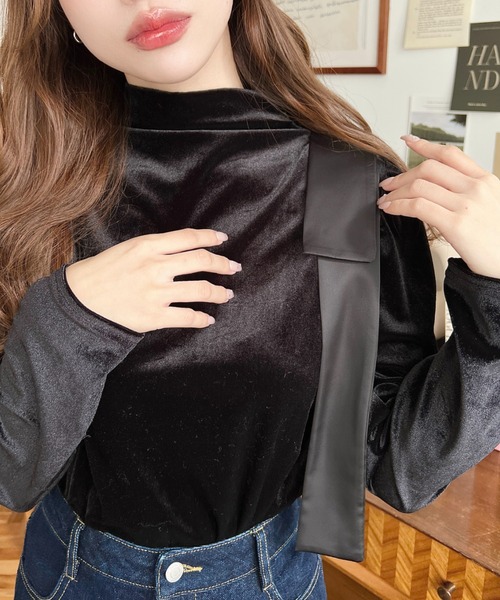 LOULOU select(ルルセレクト)の「ショルダーリボンハイネックパフスリーブベロアトップス(Tシャツ/カットソー・レディース・ブラウン/ブラック・M)」の9枚目の写真