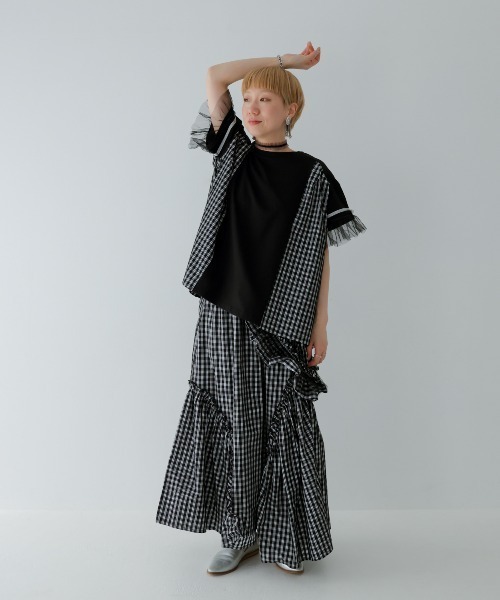 unica(ユニカ)の「サイドプリーツチェックT(Tシャツ/カットソー・レディース・ブラック/オフホワイト・F)」の2枚目の写真
