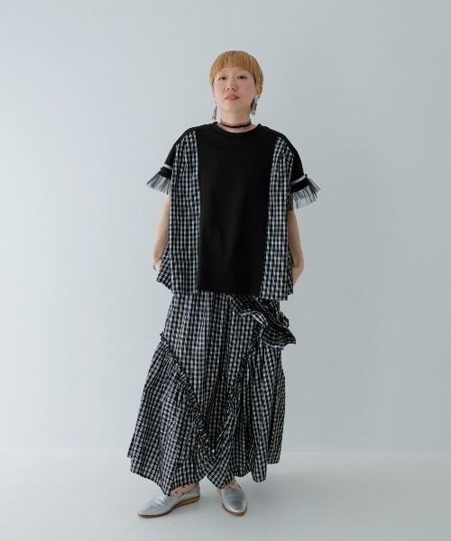 unica(ユニカ)の「サイドプリーツチェックT(Tシャツ/カットソー・レディース・ブラック/オフホワイト・F)」の4枚目の写真