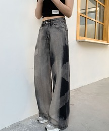 ユーズド加工ワイドシルエットルーズデニムパンツ