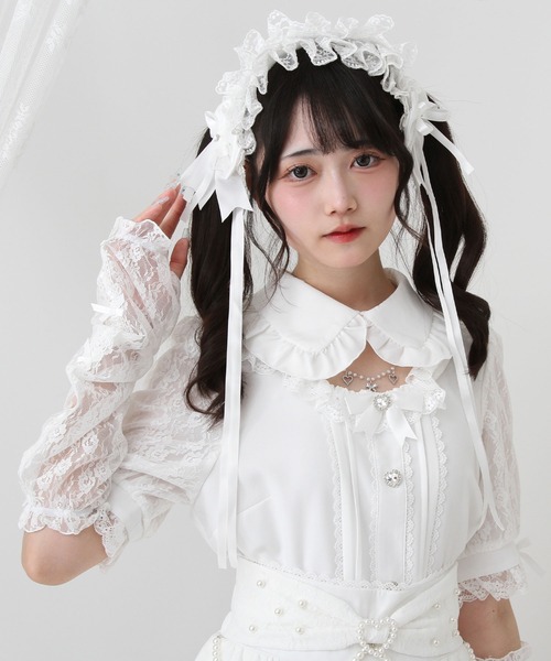 DearMyLove（ディアマイラブ）の「キラキラビジューパールハートリボンレースアームカバーブラウス（シャツ/ブラウス・レディース・ホワイト/ブラック/ベビーピンク・MEDIUM/LARGE/LL/3L）」の2枚目の写真