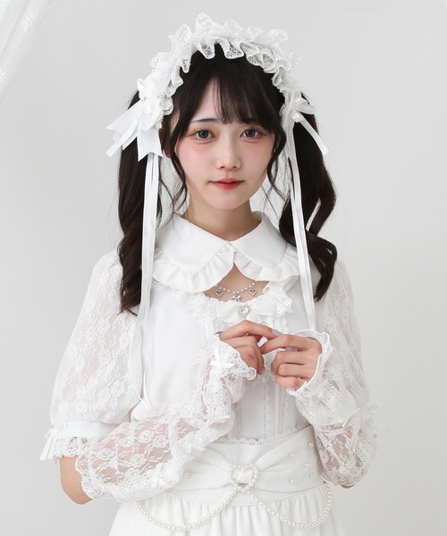 DearMyLove（ディアマイラブ）の「キラキラビジューパールハートリボンレースアームカバーブラウス（シャツ/ブラウス・レディース・ホワイト/ブラック/ベビーピンク・MEDIUM/LARGE/LL/3L）」の6枚目の写真